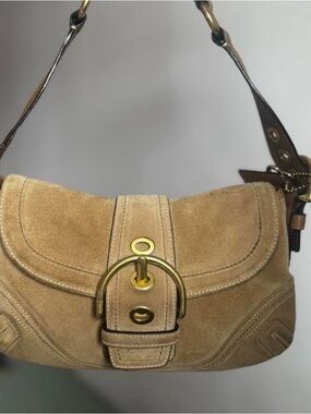 Suede Curved Shoulder Bag in Tan with Brass Hardware